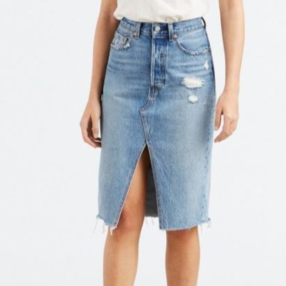 Light Blue Distressed Denim Midi Skirt with Front Slit